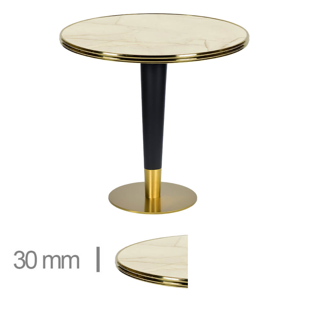 Horeca-Tafel-Rond-Met-Messing-Rand-Werzalit-Golden-Marble-60-Cm-B-320 GOLD-BLACK