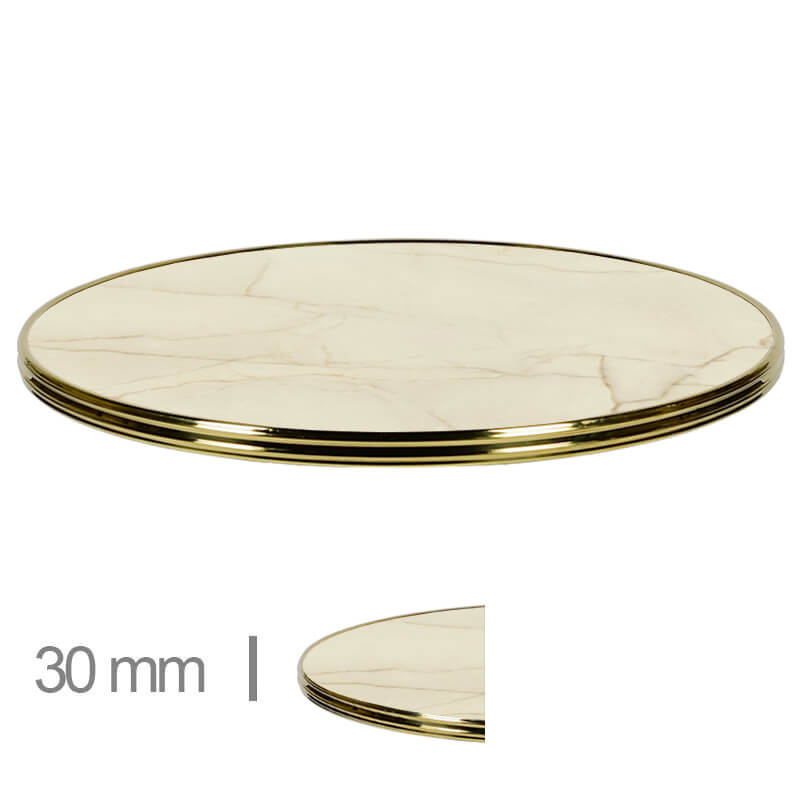 Horeca-Tafelblad-Rond-Met-Messing-Rand-Werzalit-Golden-Marble-3-Cm-Categorie